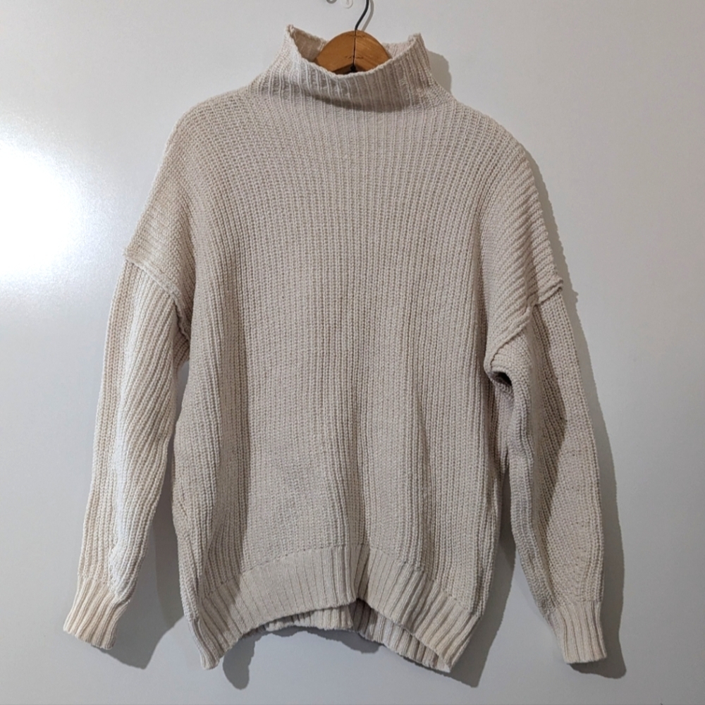 MIOU MUSE Pullover Mock Neck Sweater Cream Chenille Size Small B